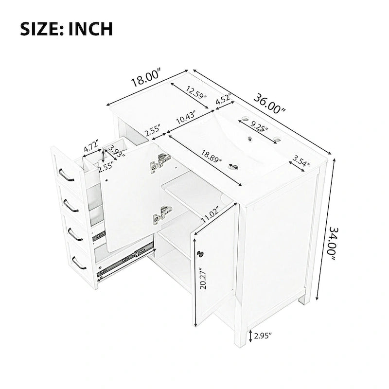 36 Modern Vanity with Sink, 2 Cabinets, 2 Metal Handles, and Sliding Drawer Tracks, Suitable for Dressing Room Bathroom