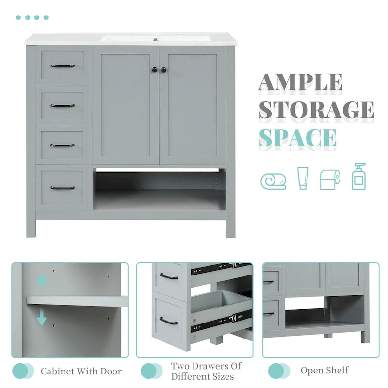 36 Modern Vanity with Sink, 2 Cabinets, 2 Metal Handles, and Sliding Drawer Tracks, Suitable for Dressing Room Bathroom