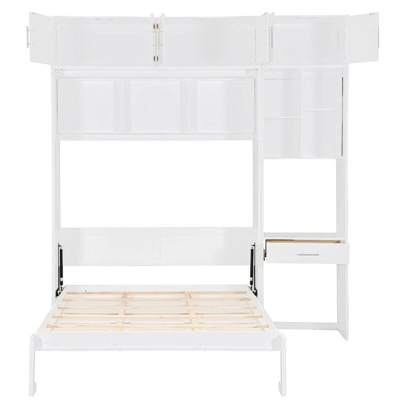 Full/Queen Size Murphy Bed Wall Bed with Desk & Top Cabinet, Folding Murphy Cabinet Bed w/ Storage Shelves, Space Saving Design