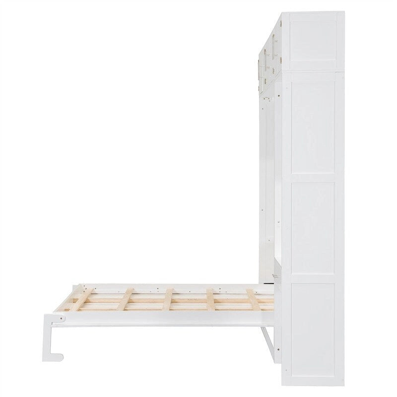 Full/Queen Size Murphy Bed Wall Bed with Desk & Top Cabinet, Folding Murphy Cabinet Bed w/ Storage Shelves, Space Saving Design