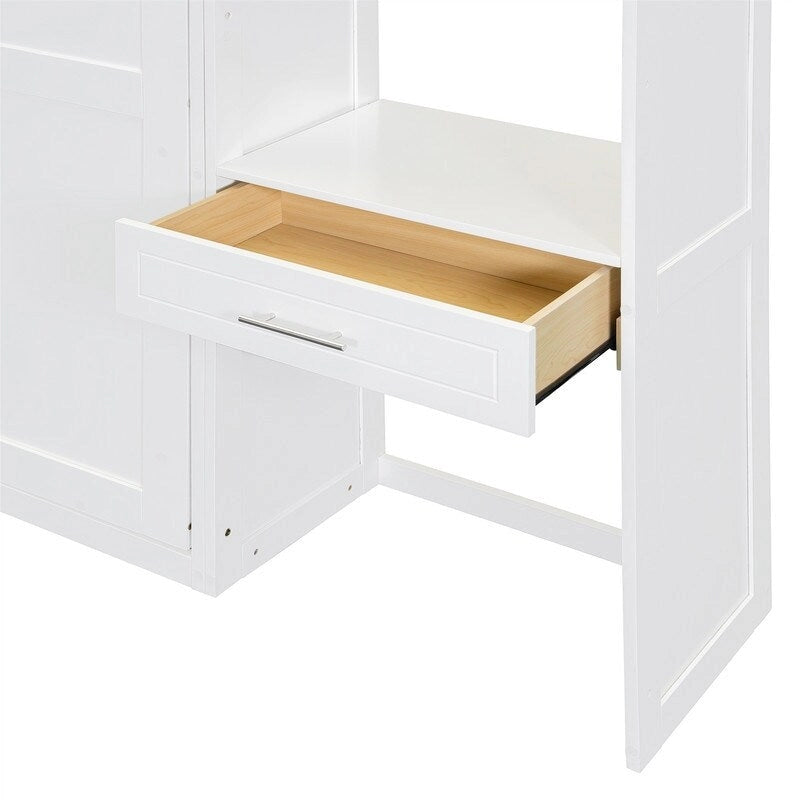 Full/Queen Size Murphy Bed Wall Bed with Desk & Top Cabinet, Folding Murphy Cabinet Bed w/ Storage Shelves, Space Saving Design