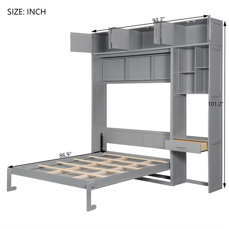 Full/Queen Size Murphy Bed Wall Bed with Desk & Top Cabinet, Folding Murphy Cabinet Bed w/ Storage Shelves, Space Saving Design