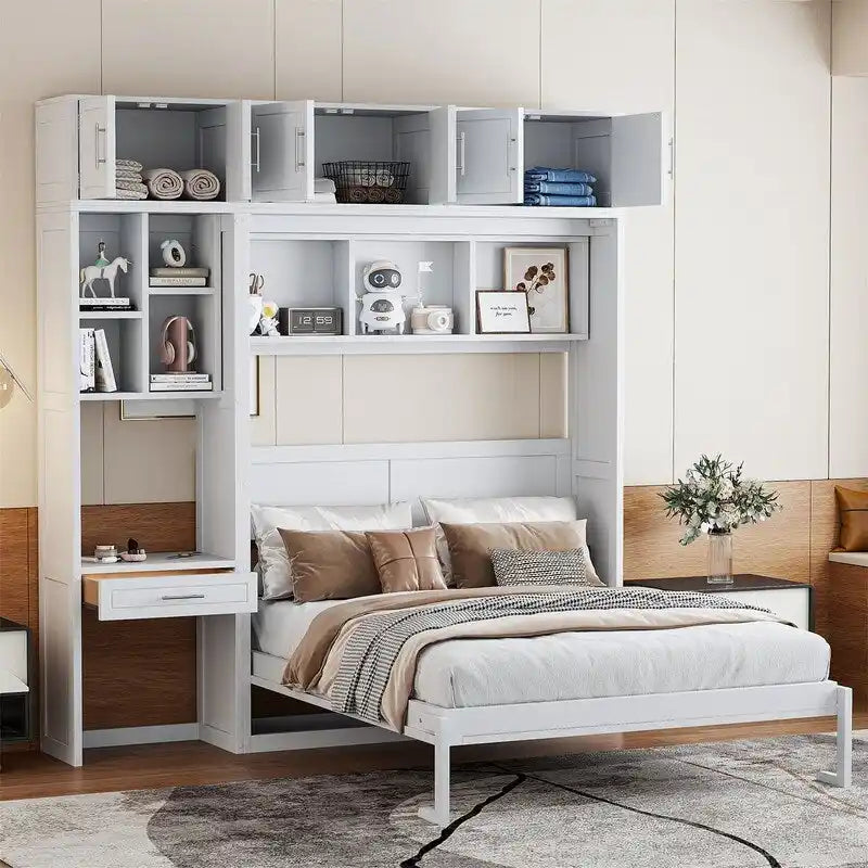 Full/Queen Size Murphy Bed Wall Bed with Desk & Top Cabinet, Folding Murphy Cabinet Bed w/ Storage Shelves, Space Saving Design