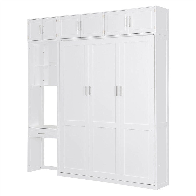 Full/Queen Size Murphy Bed Wall Bed with Desk & Top Cabinet, Folding Murphy Cabinet Bed w/ Storage Shelves, Space Saving Design