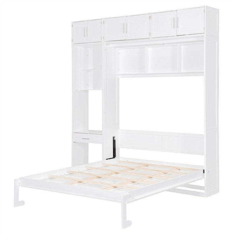 Full/Queen Size Murphy Bed Wall Bed with Desk & Top Cabinet, Folding Murphy Cabinet Bed w/ Storage Shelves, Space Saving Design