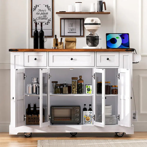 53 Farmhouse Kitchen Island With Two Tempered Glass Cabinet Doors(no include stool)