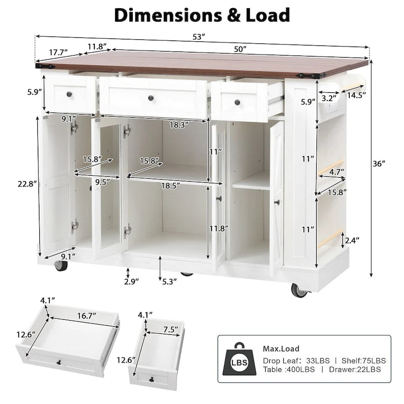 53 Farmhouse Kitchen Island With Two Tempered Glass Cabinet Doors(no include stool)