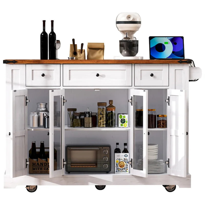 53 Farmhouse Kitchen Island With Two Tempered Glass Cabinet Doors(no include stool)