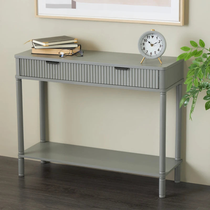 Wood Handmade 2 Drawer Console Table with Black Handle and Ribbed Front - Gray