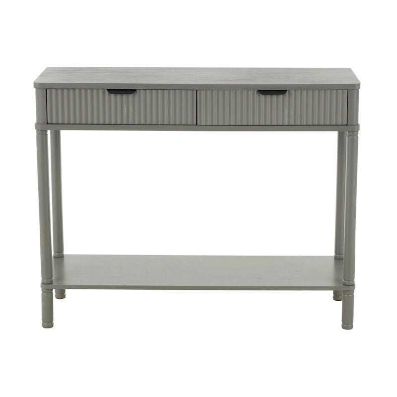 Wood Handmade 2 Drawer Console Table with Black Handle and Ribbed Front - Gray