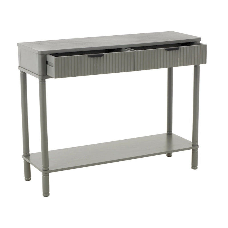 Wood Handmade 2 Drawer Console Table with Black Handle and Ribbed Front - Gray