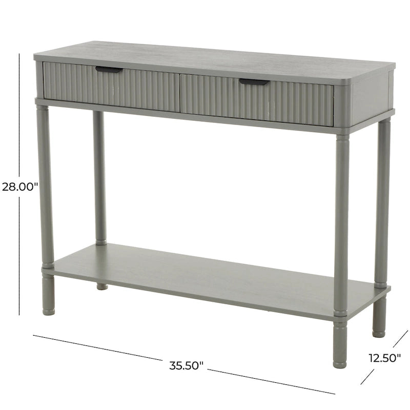 Wood Handmade 2 Drawer Console Table with Black Handle and Ribbed Front - Gray