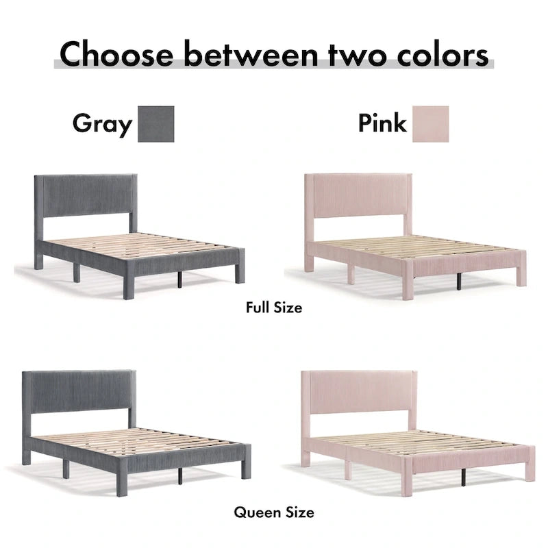 Modern Velvet Upholstered Platform Bed with Channel Headboard and Wooden Slats