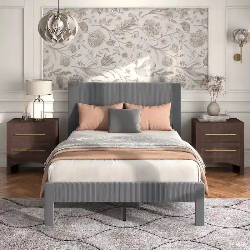 Modern Velvet Upholstered Platform Bed with Channel Headboard and Wooden Slats