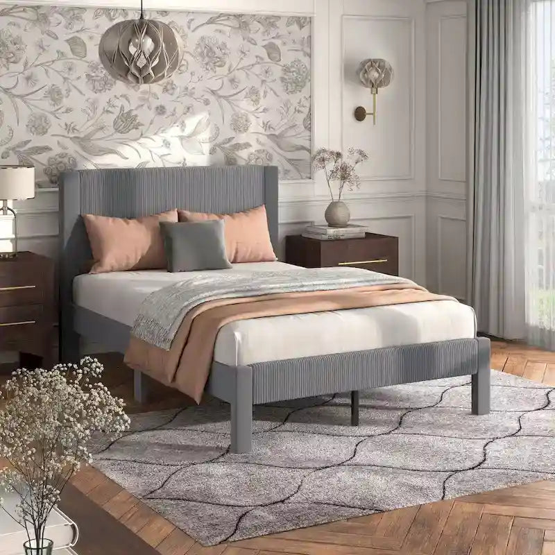 Modern Velvet Upholstered Platform Bed with Channel Headboard and Wooden Slats