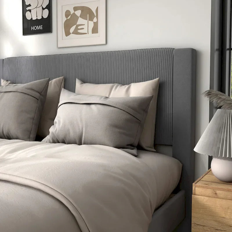 Modern Velvet Upholstered Platform Bed with Channel Headboard and Wooden Slats