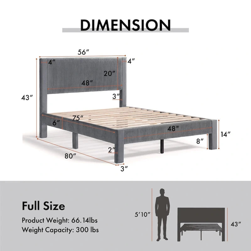 Modern Velvet Upholstered Platform Bed with Channel Headboard and Wooden Slats
