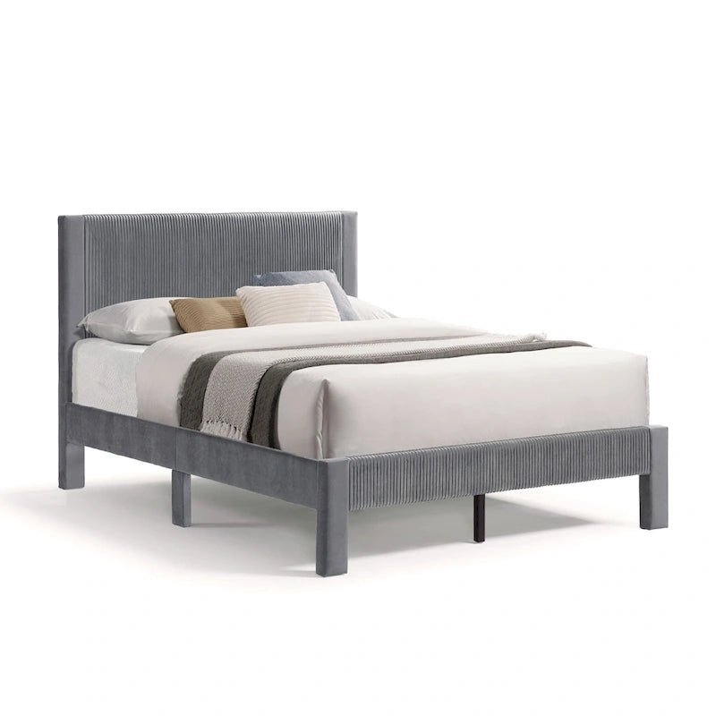 Modern Velvet Upholstered Platform Bed with Channel Headboard and Wooden Slats
