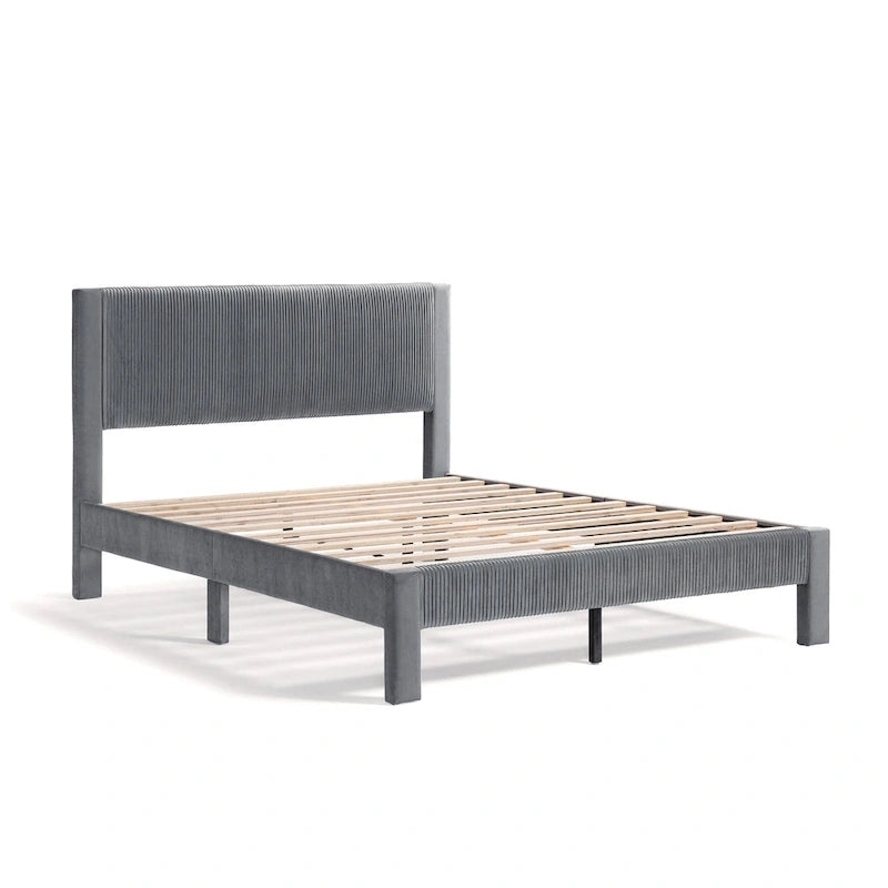 Modern Velvet Upholstered Platform Bed with Channel Headboard and Wooden Slats
