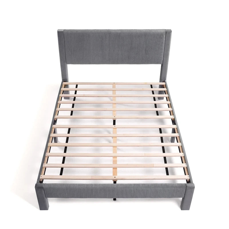 Modern Velvet Upholstered Platform Bed with Channel Headboard and Wooden Slats