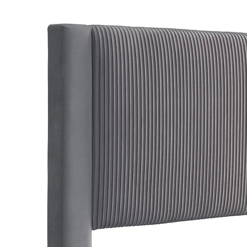 Modern Velvet Upholstered Platform Bed with Channel Headboard and Wooden Slats