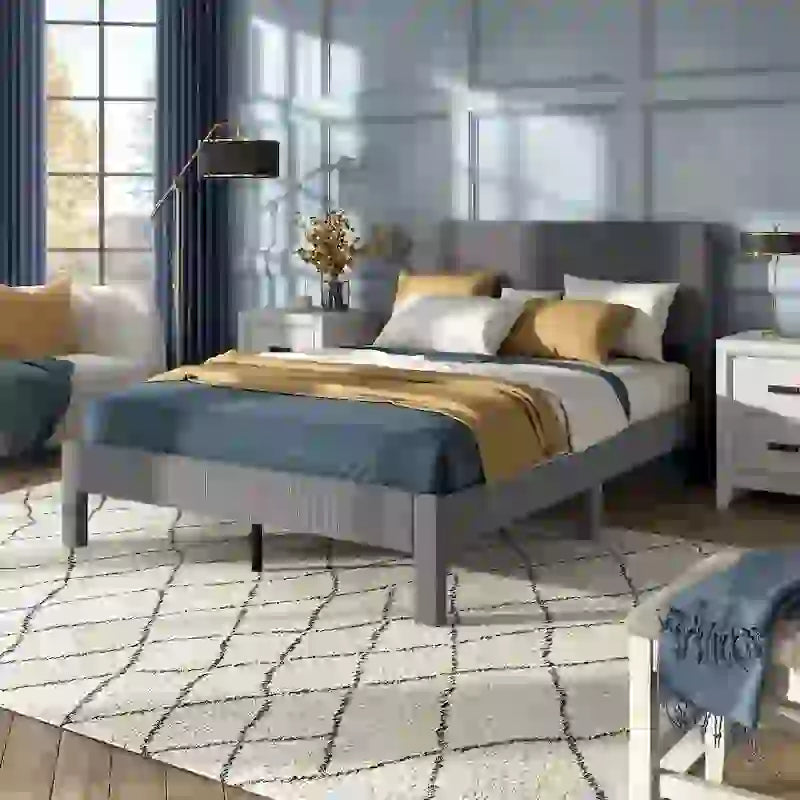 Modern Velvet Upholstered Platform Bed with Channel Headboard and Wooden Slats