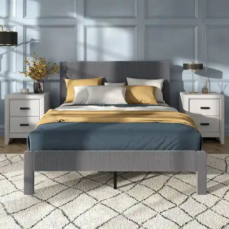 Modern Velvet Upholstered Platform Bed with Channel Headboard and Wooden Slats