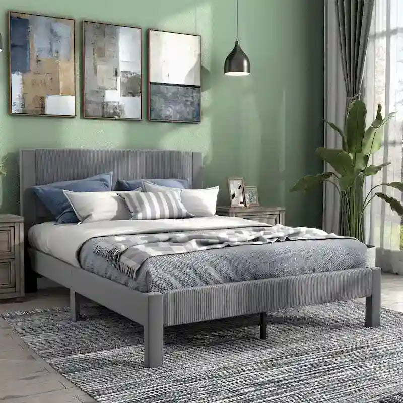 Modern Velvet Upholstered Platform Bed with Channel Headboard and Wooden Slats