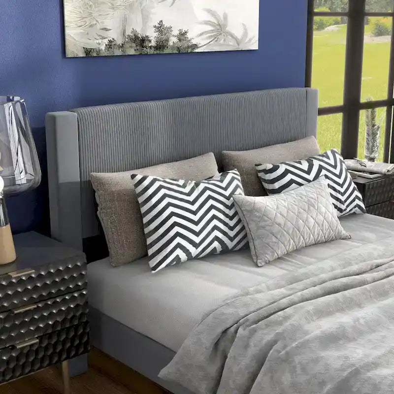 Modern Velvet Upholstered Platform Bed with Channel Headboard and Wooden Slats