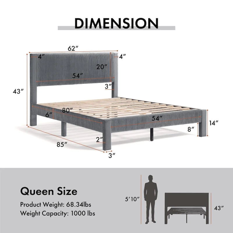 Modern Velvet Upholstered Platform Bed with Channel Headboard and Wooden Slats
