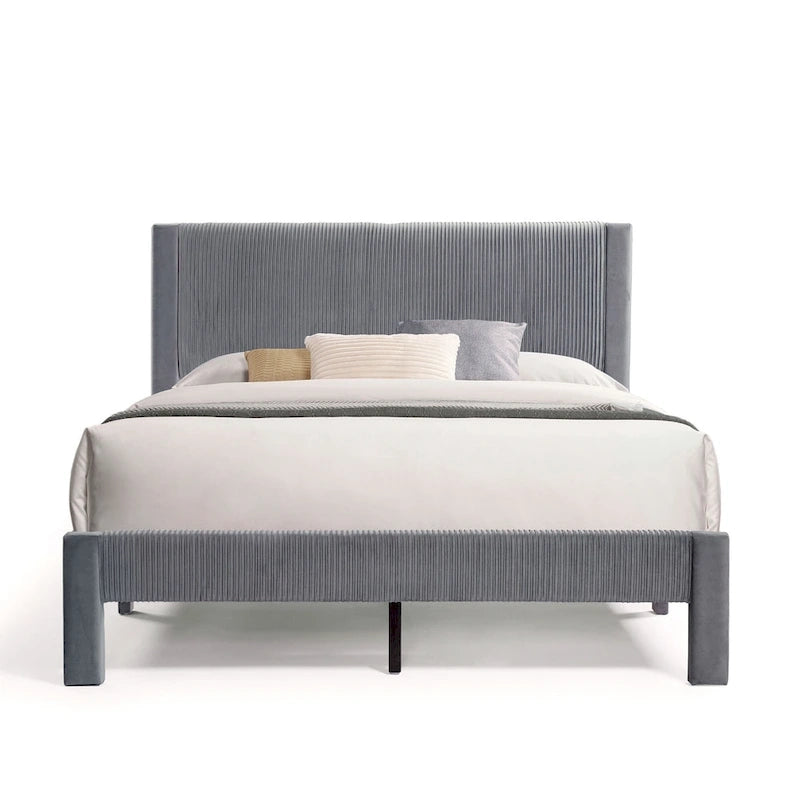 Modern Velvet Upholstered Platform Bed with Channel Headboard and Wooden Slats