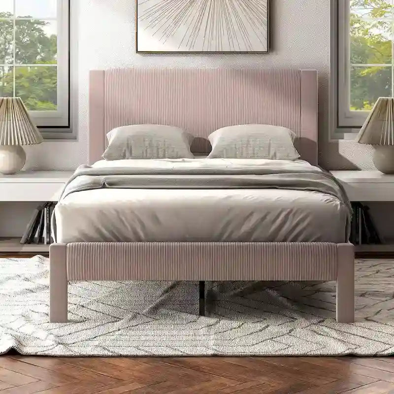 Modern Velvet Upholstered Platform Bed with Channel Headboard and Wooden Slats