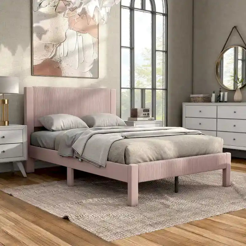 Modern Velvet Upholstered Platform Bed with Channel Headboard and Wooden Slats