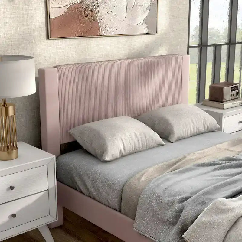 Modern Velvet Upholstered Platform Bed with Channel Headboard and Wooden Slats