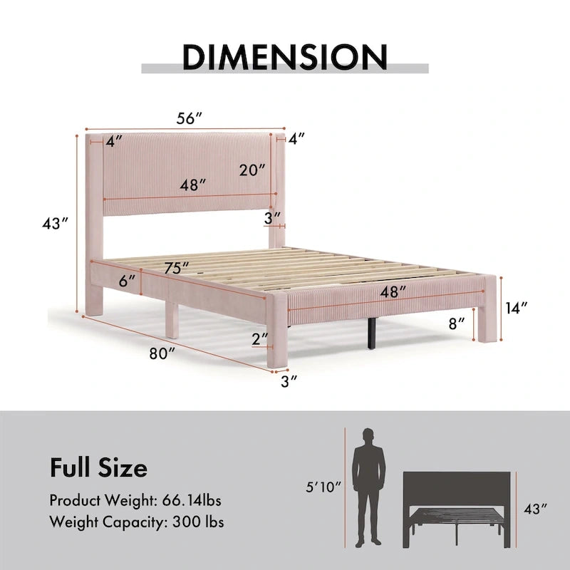 Modern Velvet Upholstered Platform Bed with Channel Headboard and Wooden Slats