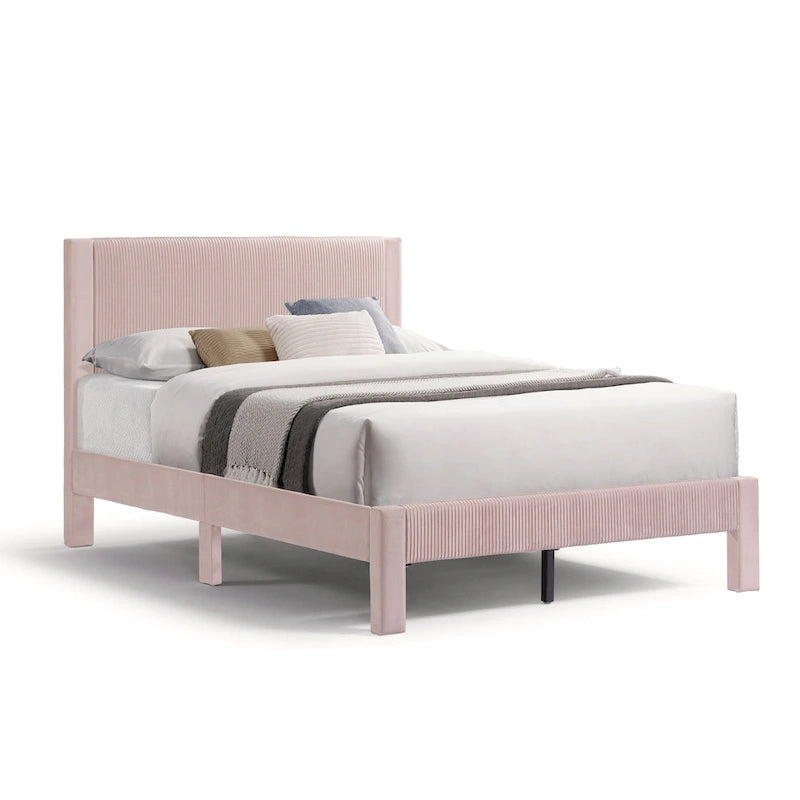 Modern Velvet Upholstered Platform Bed with Channel Headboard and Wooden Slats