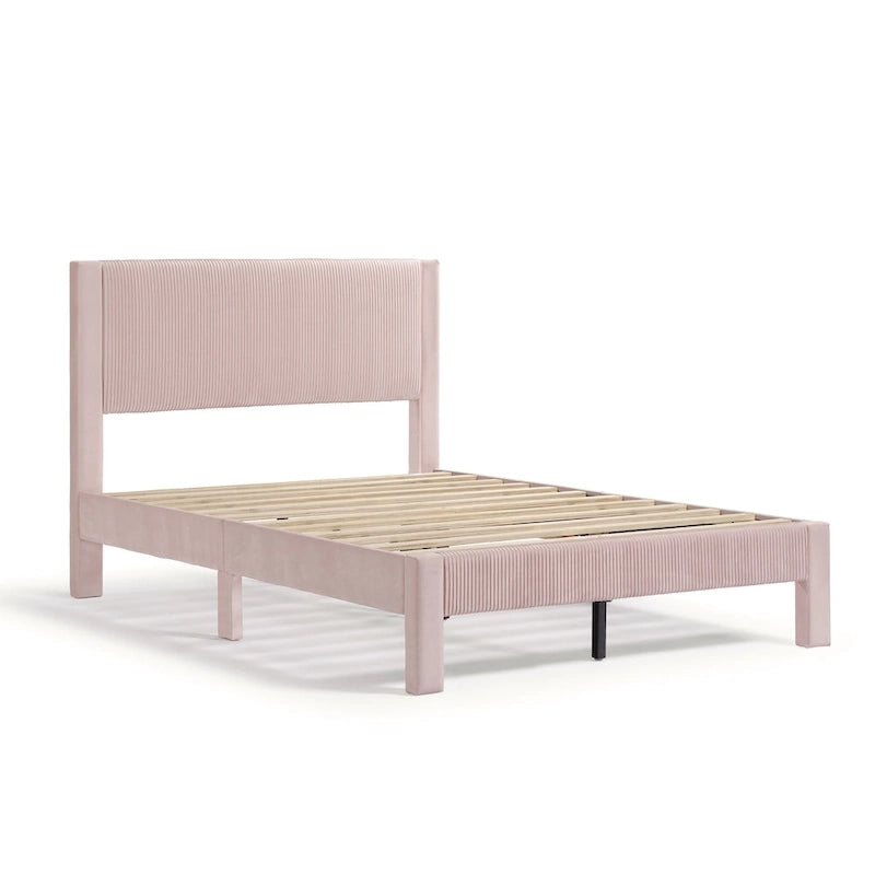 Modern Velvet Upholstered Platform Bed with Channel Headboard and Wooden Slats