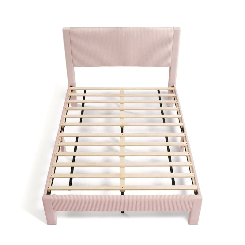 Modern Velvet Upholstered Platform Bed with Channel Headboard and Wooden Slats