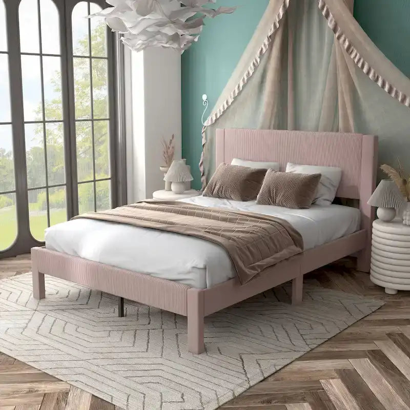 Modern Velvet Upholstered Platform Bed with Channel Headboard and Wooden Slats