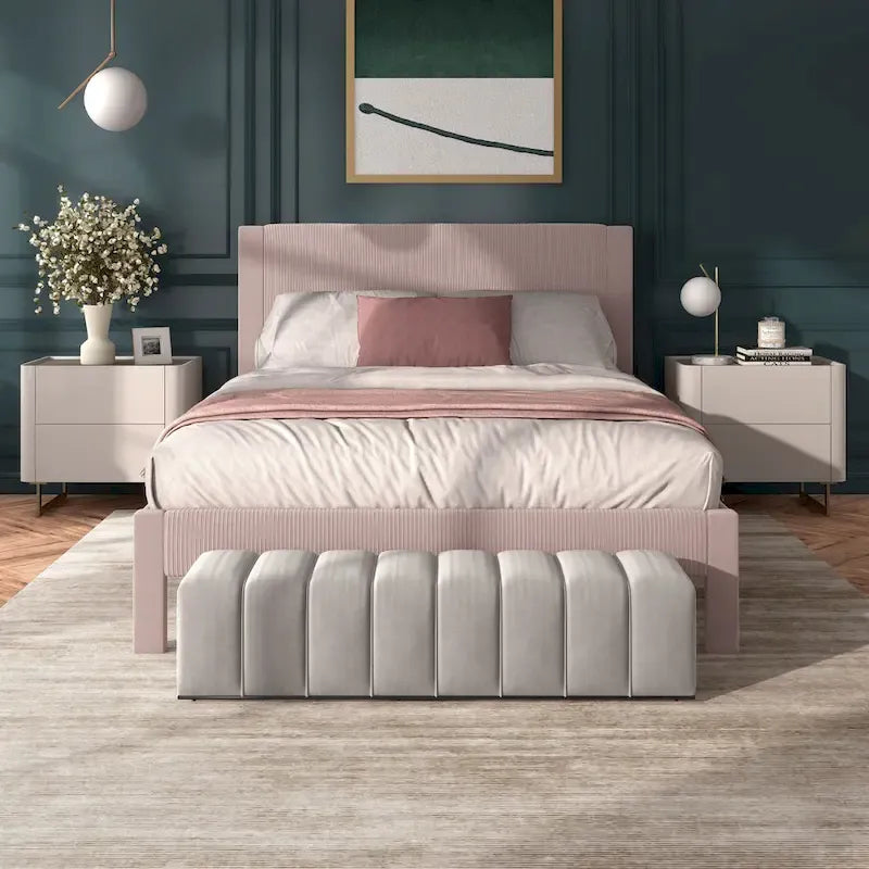 Modern Velvet Upholstered Platform Bed with Channel Headboard and Wooden Slats