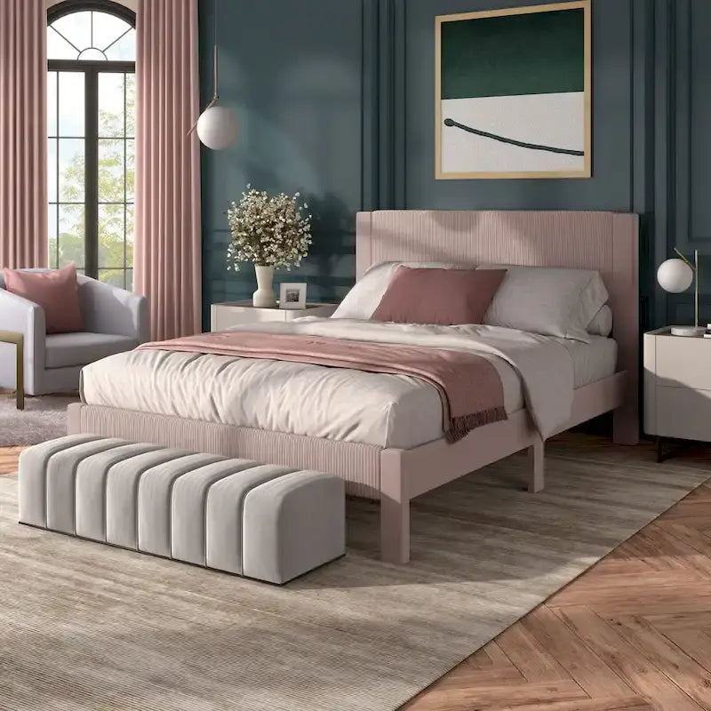 Modern Velvet Upholstered Platform Bed with Channel Headboard and Wooden Slats