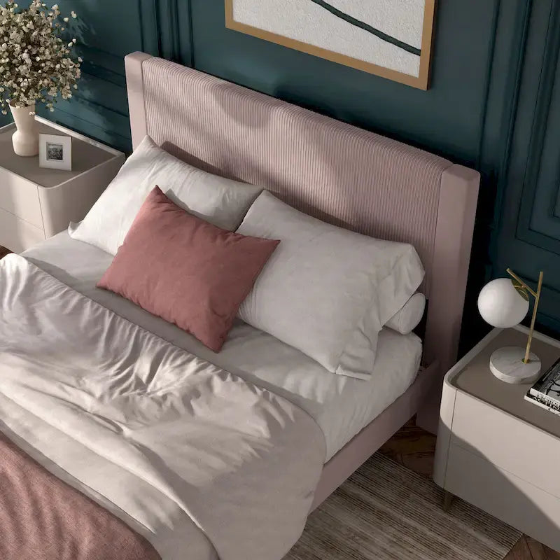 Modern Velvet Upholstered Platform Bed with Channel Headboard and Wooden Slats