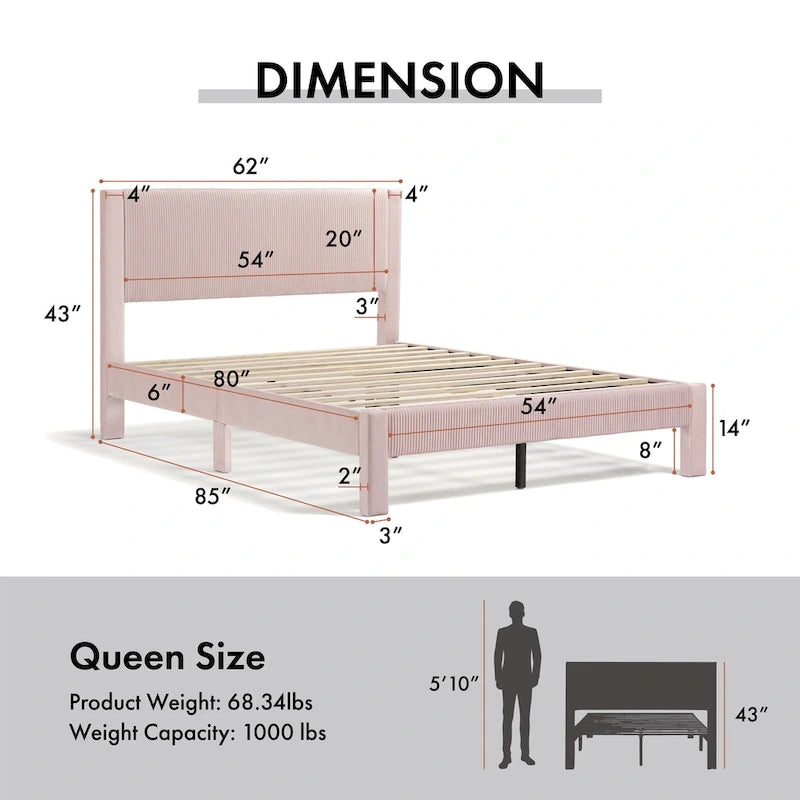 Modern Velvet Upholstered Platform Bed with Channel Headboard and Wooden Slats
