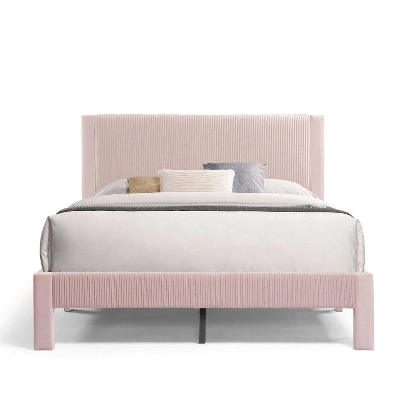 Modern Velvet Upholstered Platform Bed with Channel Headboard and Wooden Slats