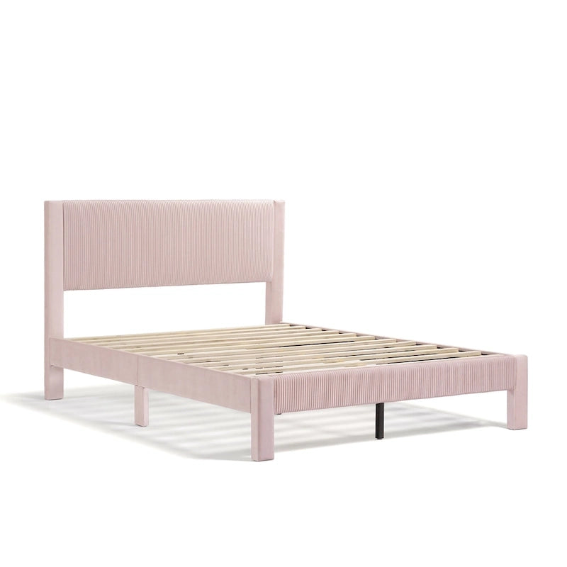 Modern Velvet Upholstered Platform Bed with Channel Headboard and Wooden Slats