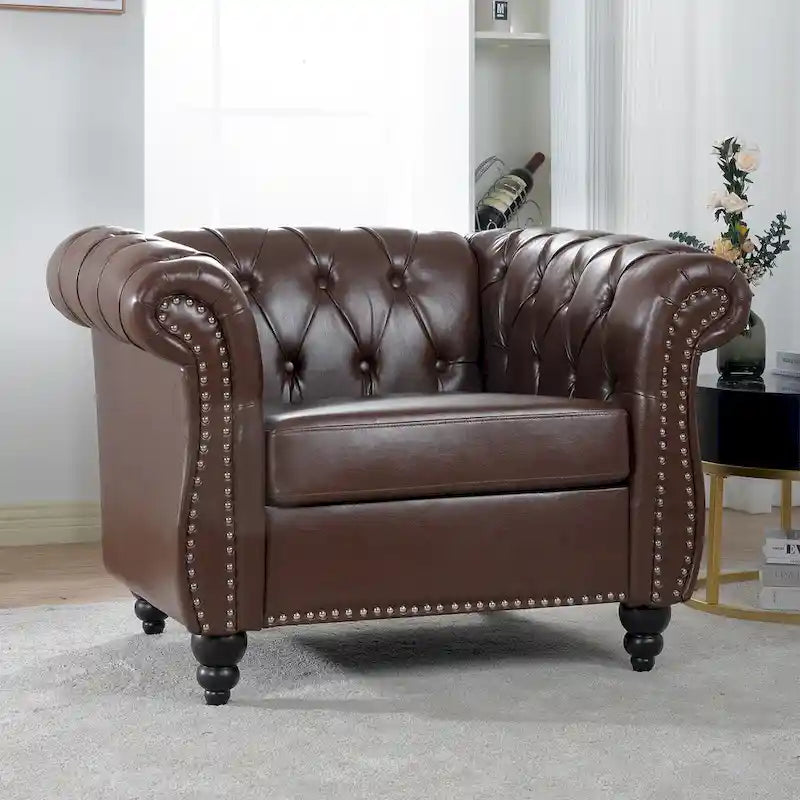 Oversized Brown Faux Leather Tufted Sofa Chair - 32.09 x 38.98 x 28.35
