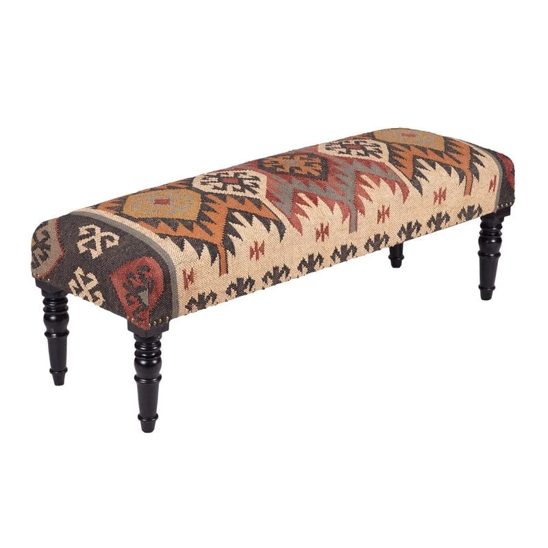 Handmade Kilim Upholstered Wooden Bench (India) - 48"L x 16"W x 18"H
