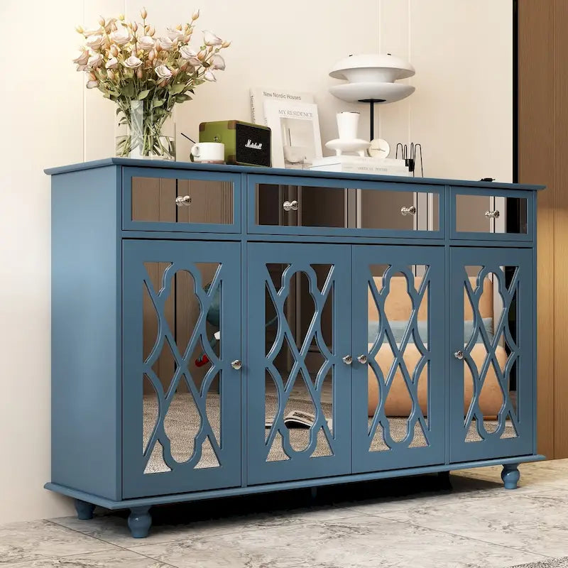 55" Mirrored Credenza Sideboard Buffet Cabinet with Bookcase