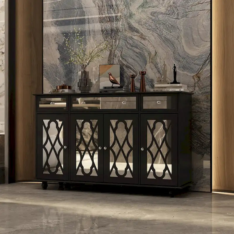 55" Mirrored Credenza Sideboard Buffet Cabinet with Bookcase