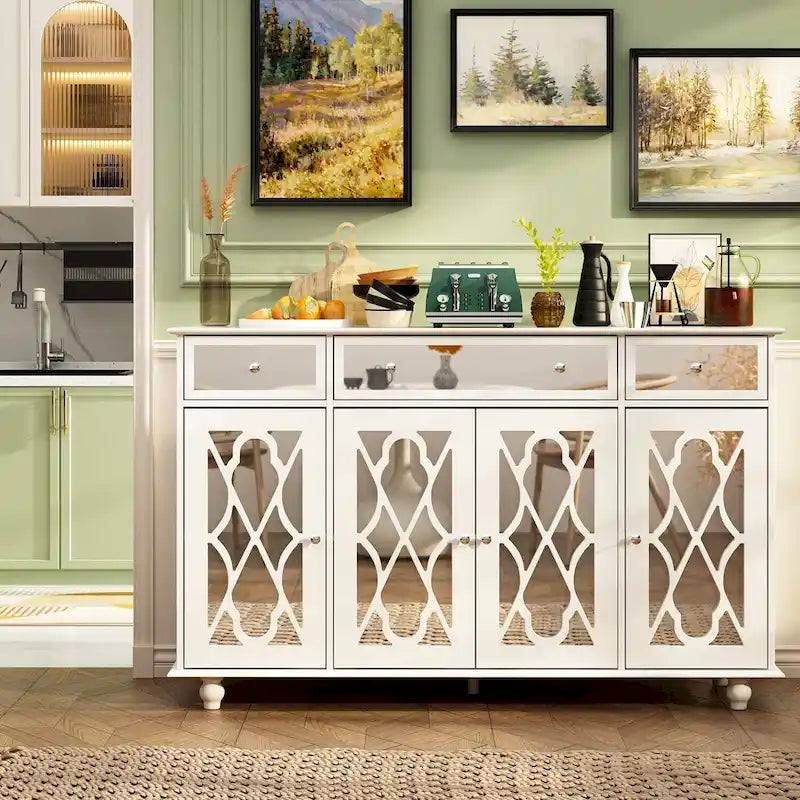 55" Mirrored Credenza Sideboard Buffet Cabinet with Bookcase